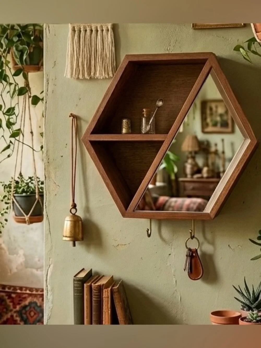 Project 62 Walnut Wood Mirrored Hexagon Wall Hanging Shelf Cubby MCM Vtg Style